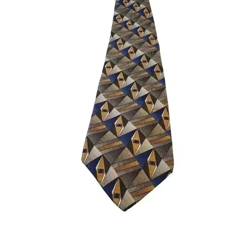 Platinum Designs Tan Blue Geometric 100% Silk Classic Men's Tie Business Church